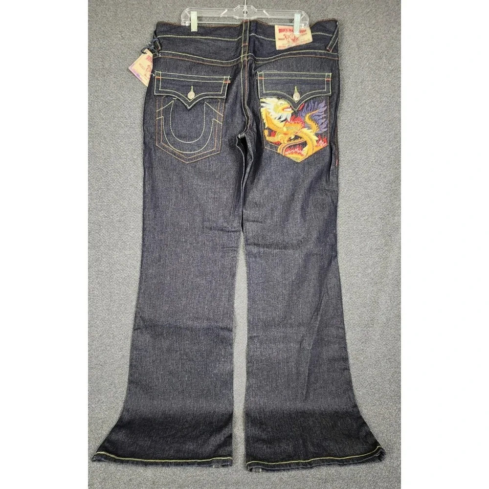 True Religion Joey Jeans Mens 38x35 Made in USA Dragon Embroidered Flare Raw Y2K